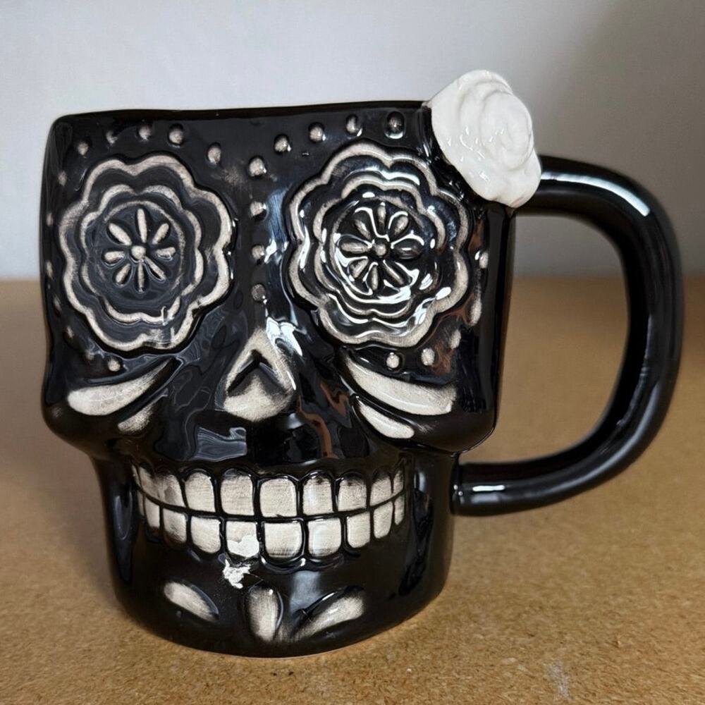Day of the Dead Mug Black White Rose Coffee Mug Sugar Skull
